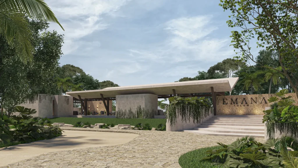 Render conceptual del acceso principal de Emana Tulum