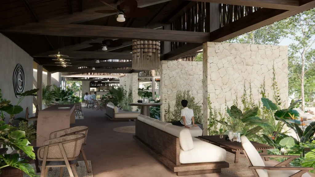 Render conceptual del lobby de Emana Tulum