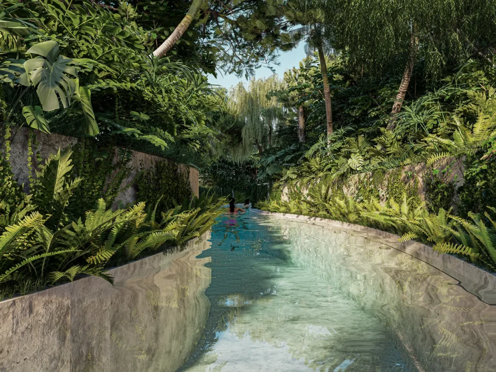 Render conceptual del río semisubterráneo entre vegetación en Emana Tulum