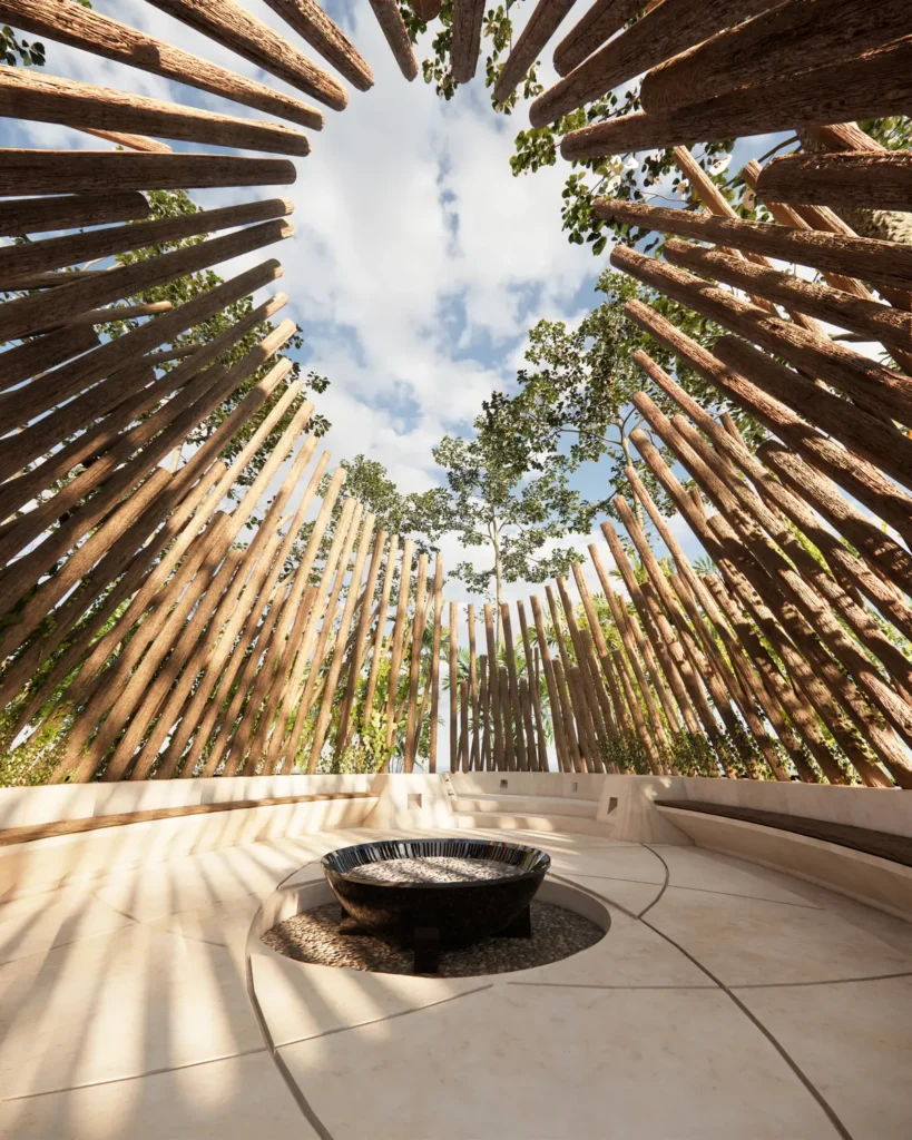 Render conceptual del santuario de Emana Tulum