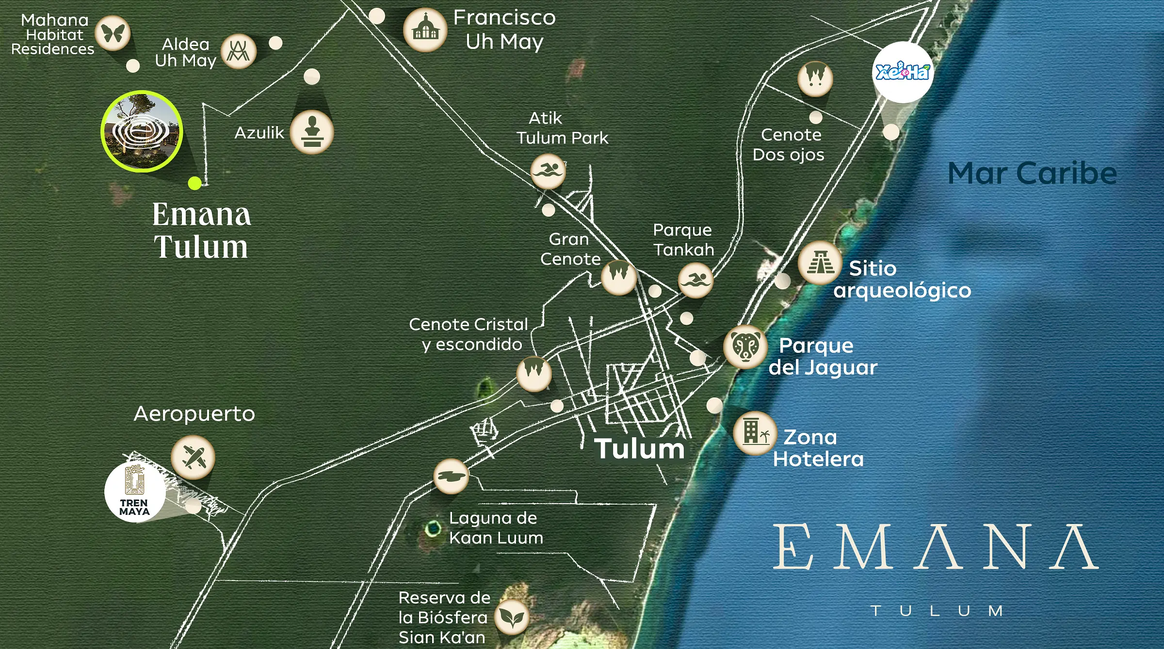 Mapa regional de referencia para ubicar Emana al poniente de Tulum