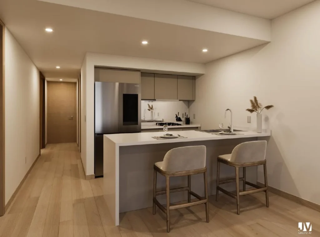 Render conceptual de cocina de departamento en Andeza