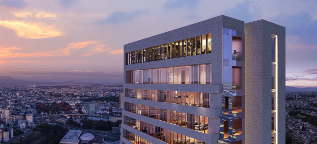 Render de niveles superiores de Andeza con vista panorámica de Puebla