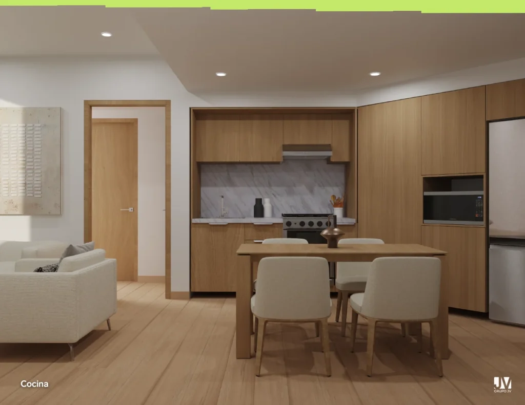 Render de cocina de un departamento en Basáltica