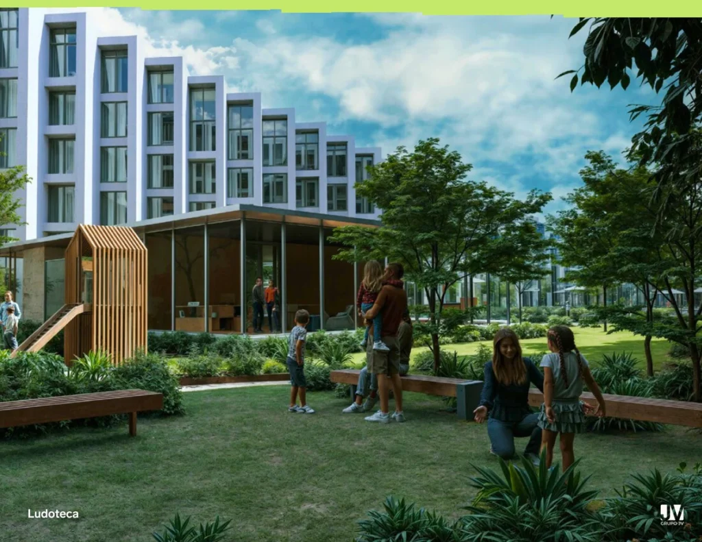 Render de ludoteca y áreas verdes de Basáltica