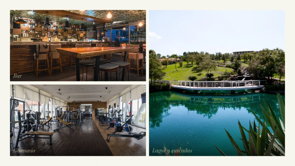 Gimnasio, bar y lagos de Club Residencial Punta Cascatta mostrados en el brochure de Nord