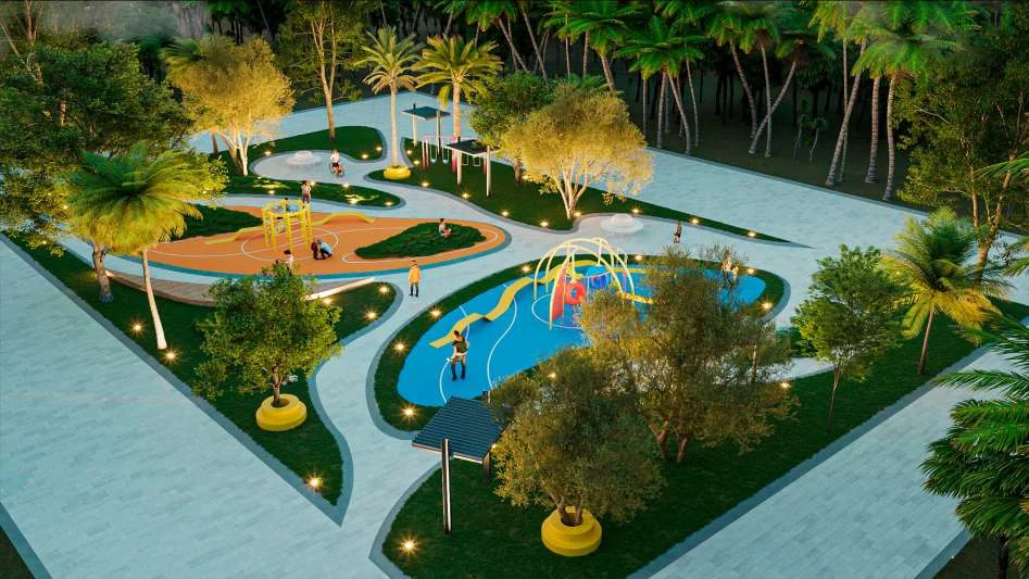 Render de parque y áreas verdes de Portamar
