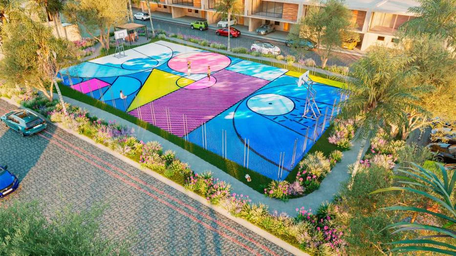 Render de canchas y amenidades deportivas de Portamar