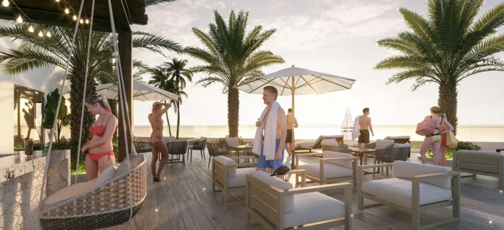 Render de terraza y espacio social de Portamar